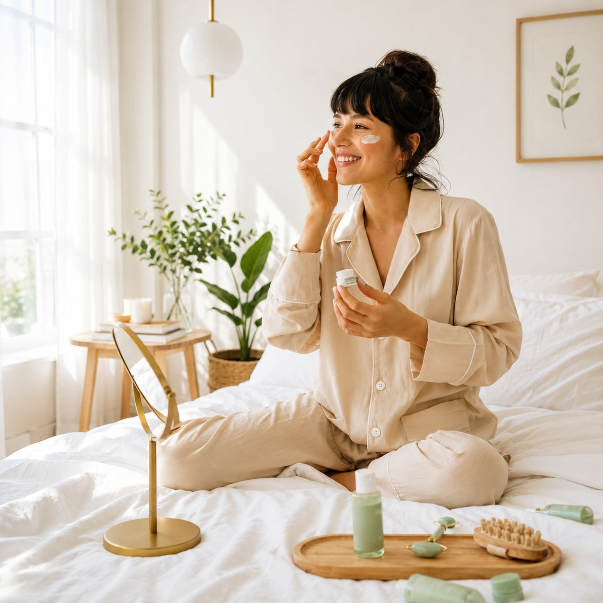 A woman in beige pajamas sits cross-legged on a white bed in a bright bedroom, applying cream to her face while holding a small cosmetic bottle. A small mirror, candles, and skincare items are arranged on a wooden tray in front of her.